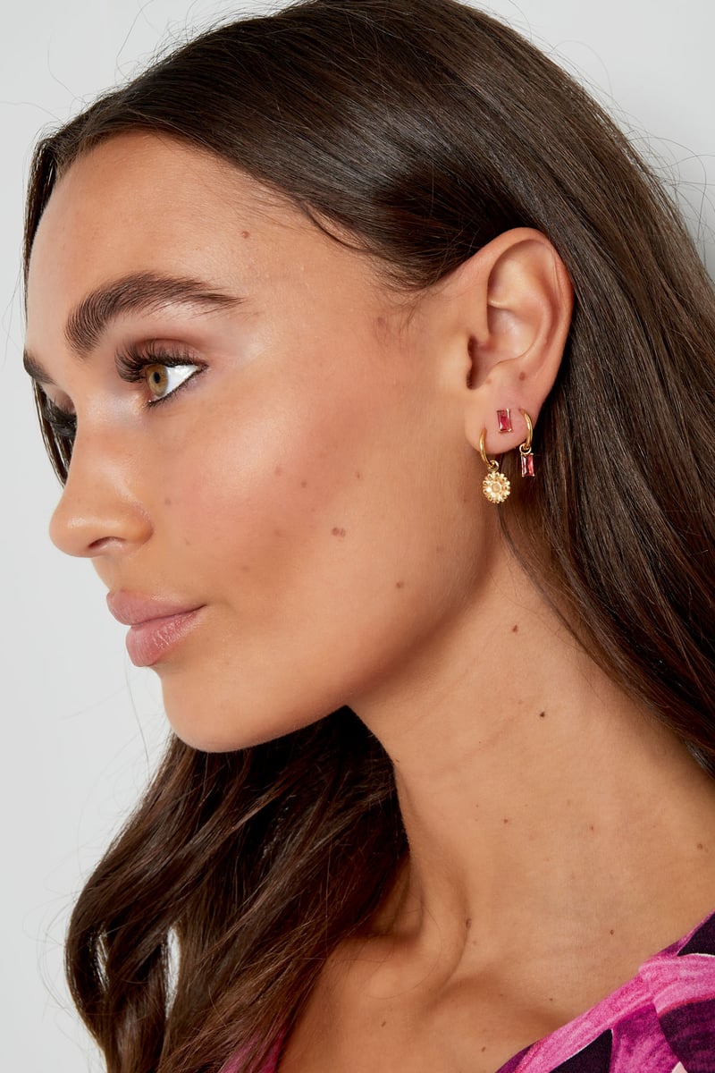 Ear studs rectangular stone - Gold color/fuchsia