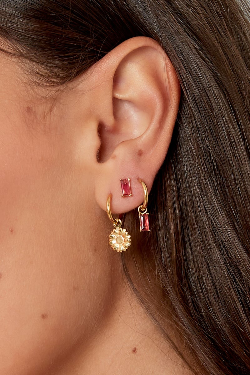 Ear studs rectangular stone - Gold color/fuchsia
