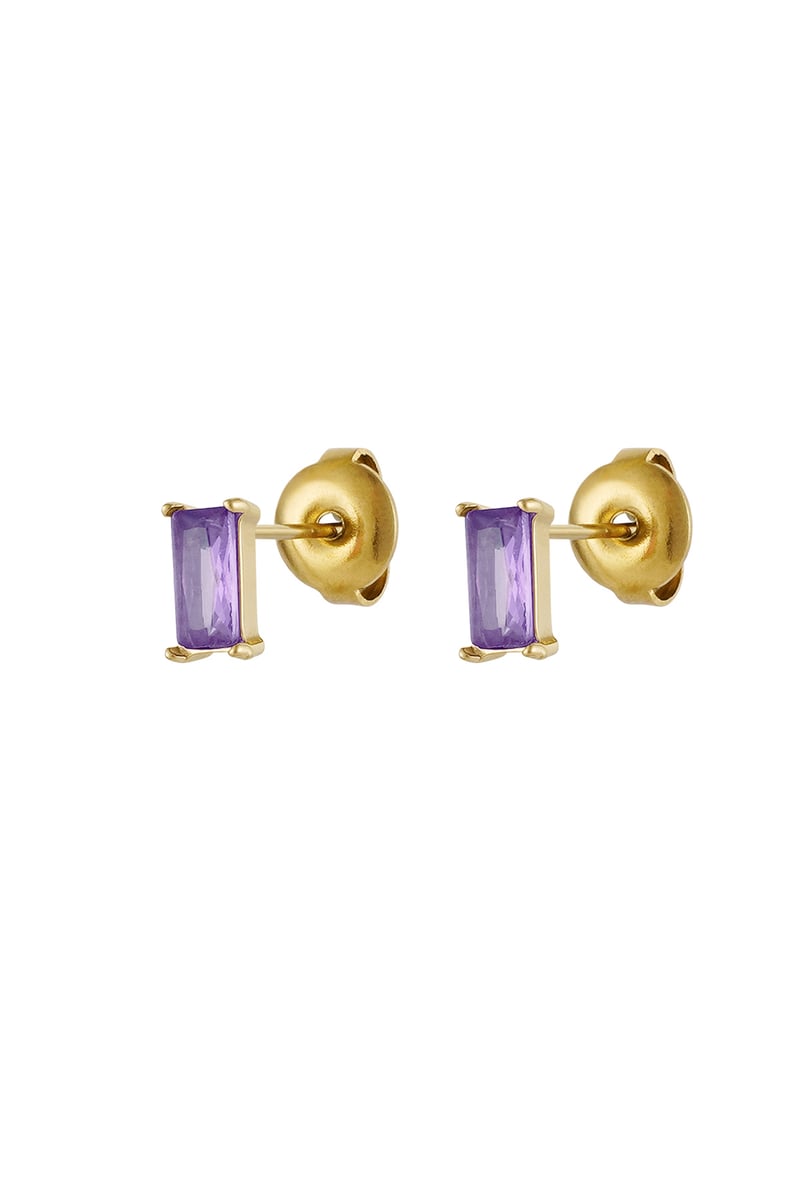 Ear studs rectangular stone - Gold color/fuchsia