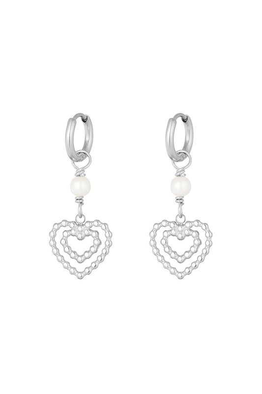 Earrings double heart with pearl - Silver Color color