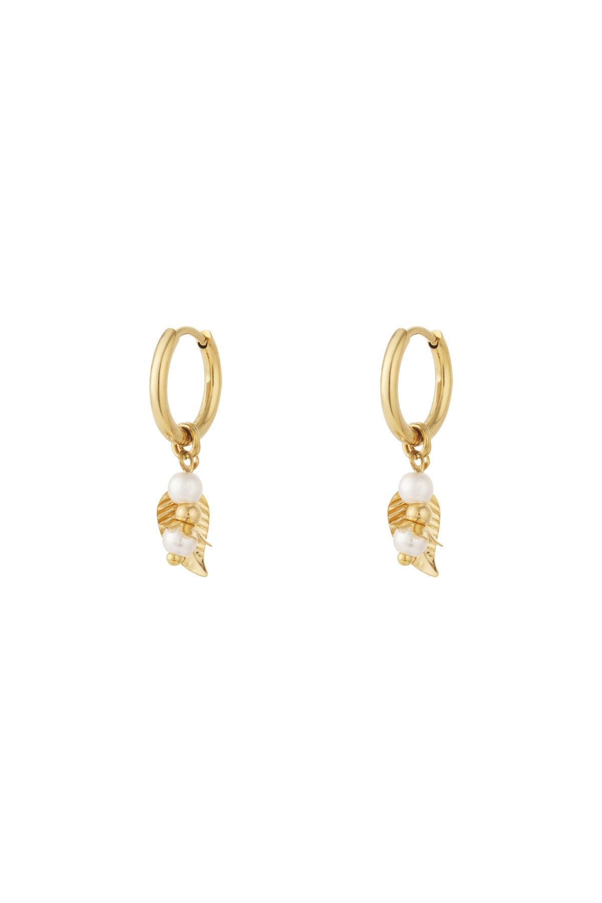 Gold Hoop Earrings with Leaf and Pearl - oorbellen