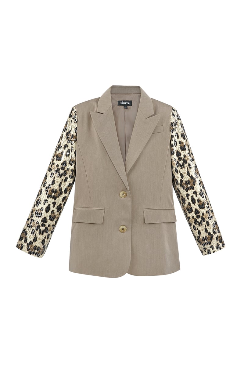 Blazer with leopard print glitter sleeve - gray