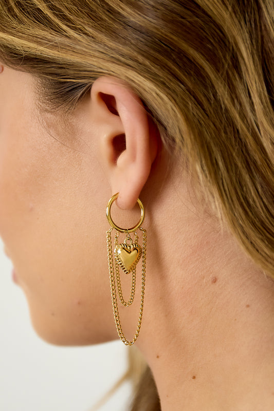 Hoop earrings with hanging chains and heart