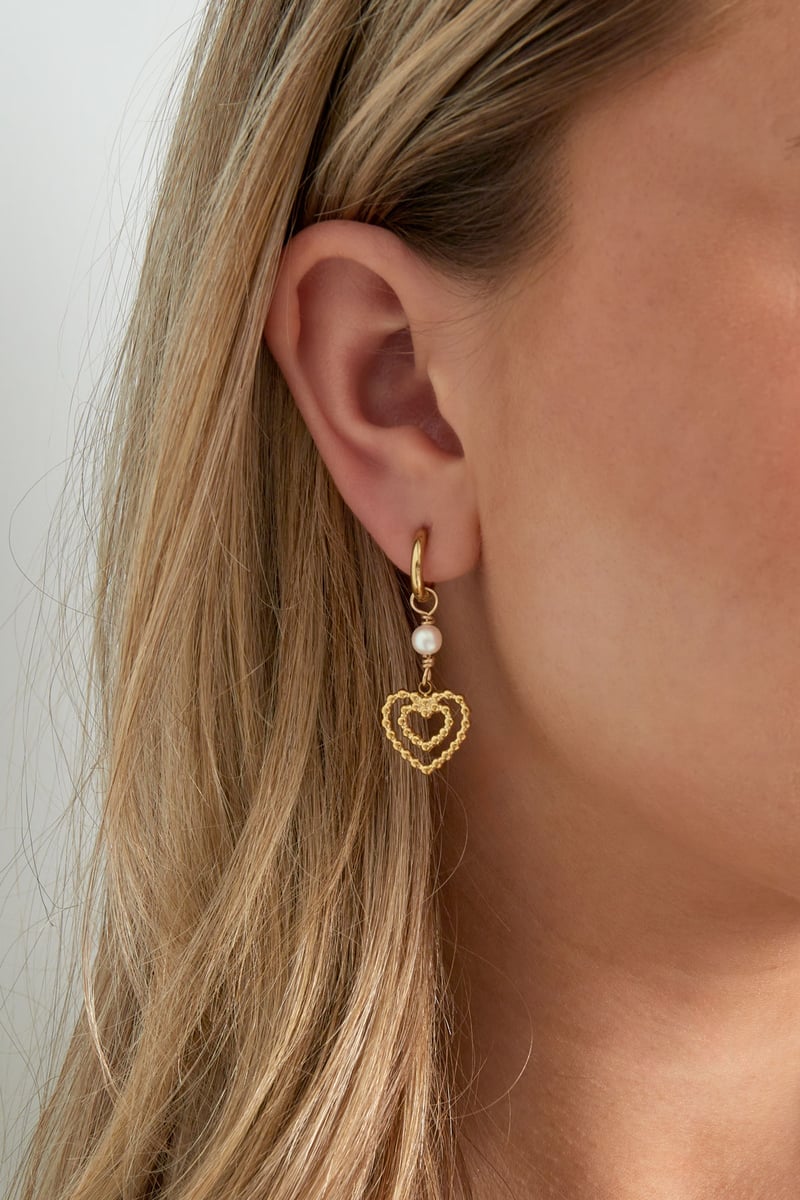 Earrings double heart with pearl - Silver Color color