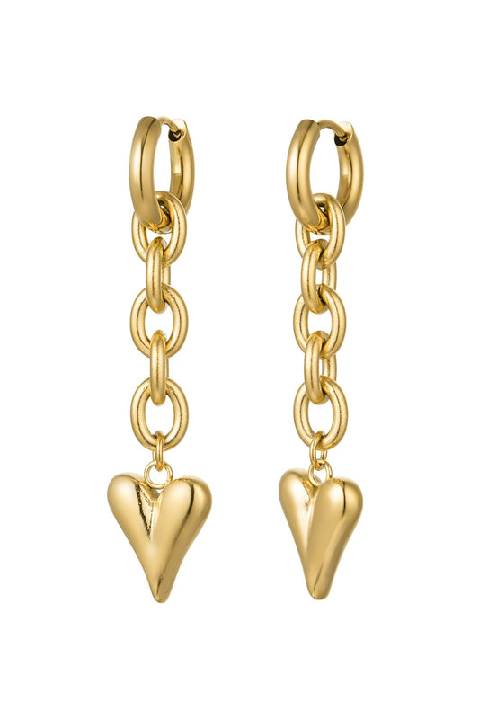 Earrings link & heart - Gold Color Stainless Steel