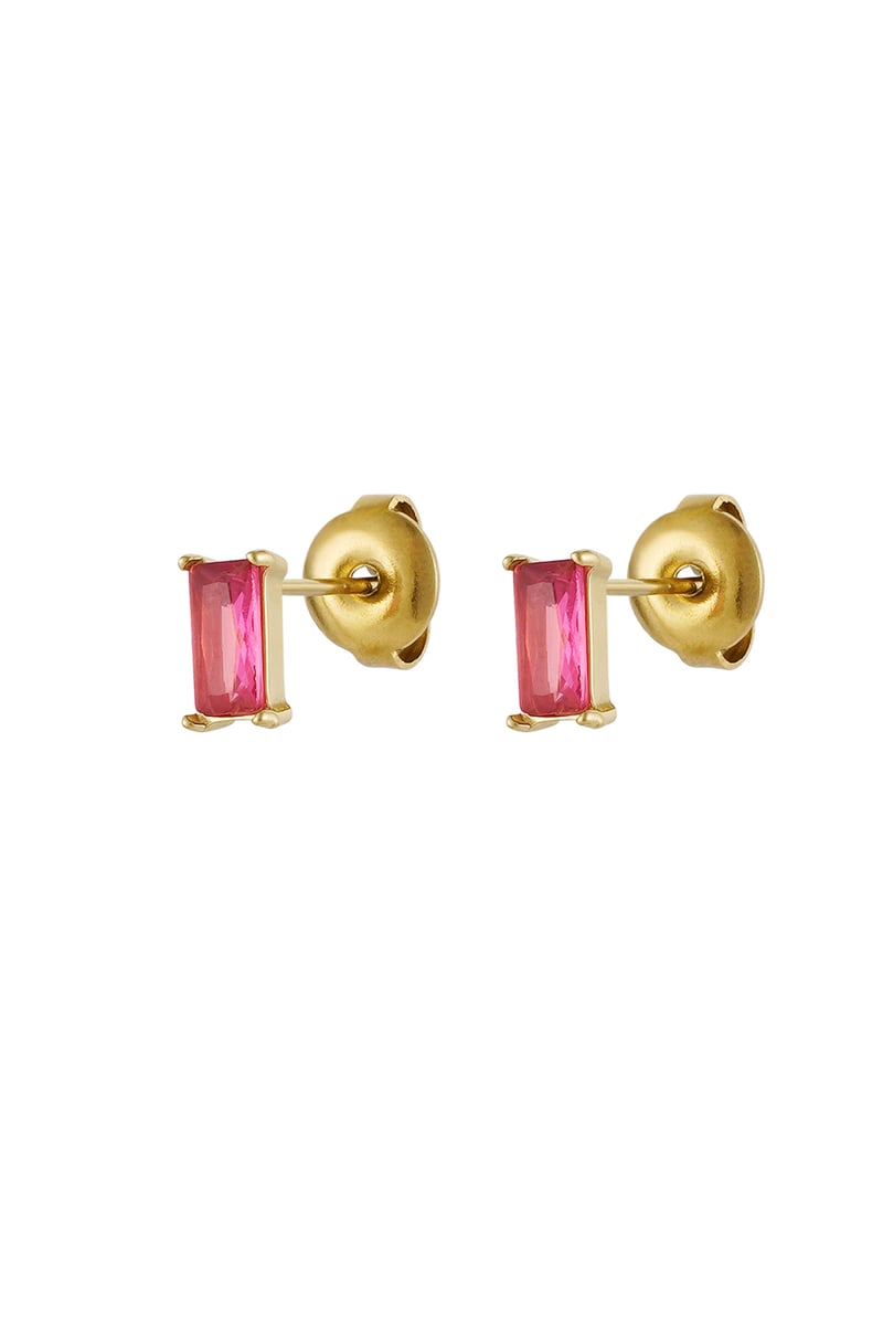 Ear studs rectangular stone - Gold color/fuchsia