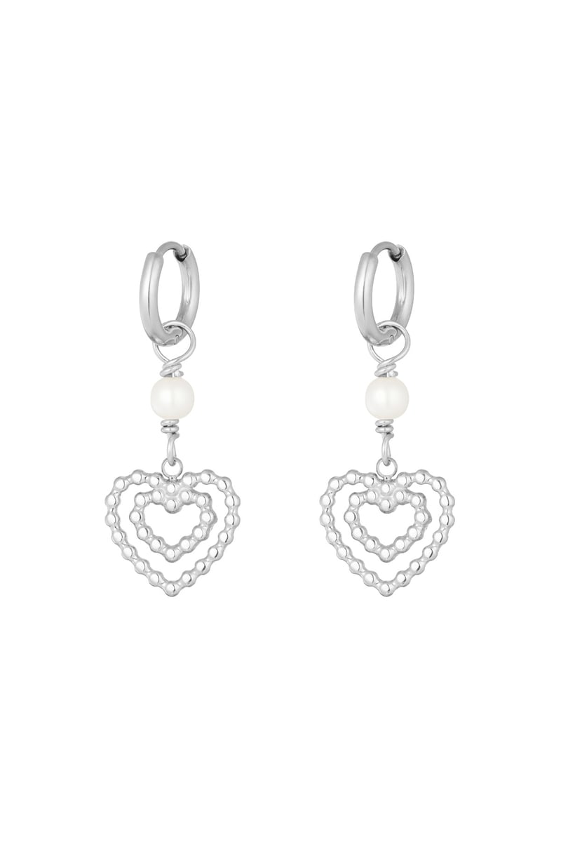 Earrings double heart with pearl - Silver Color color
