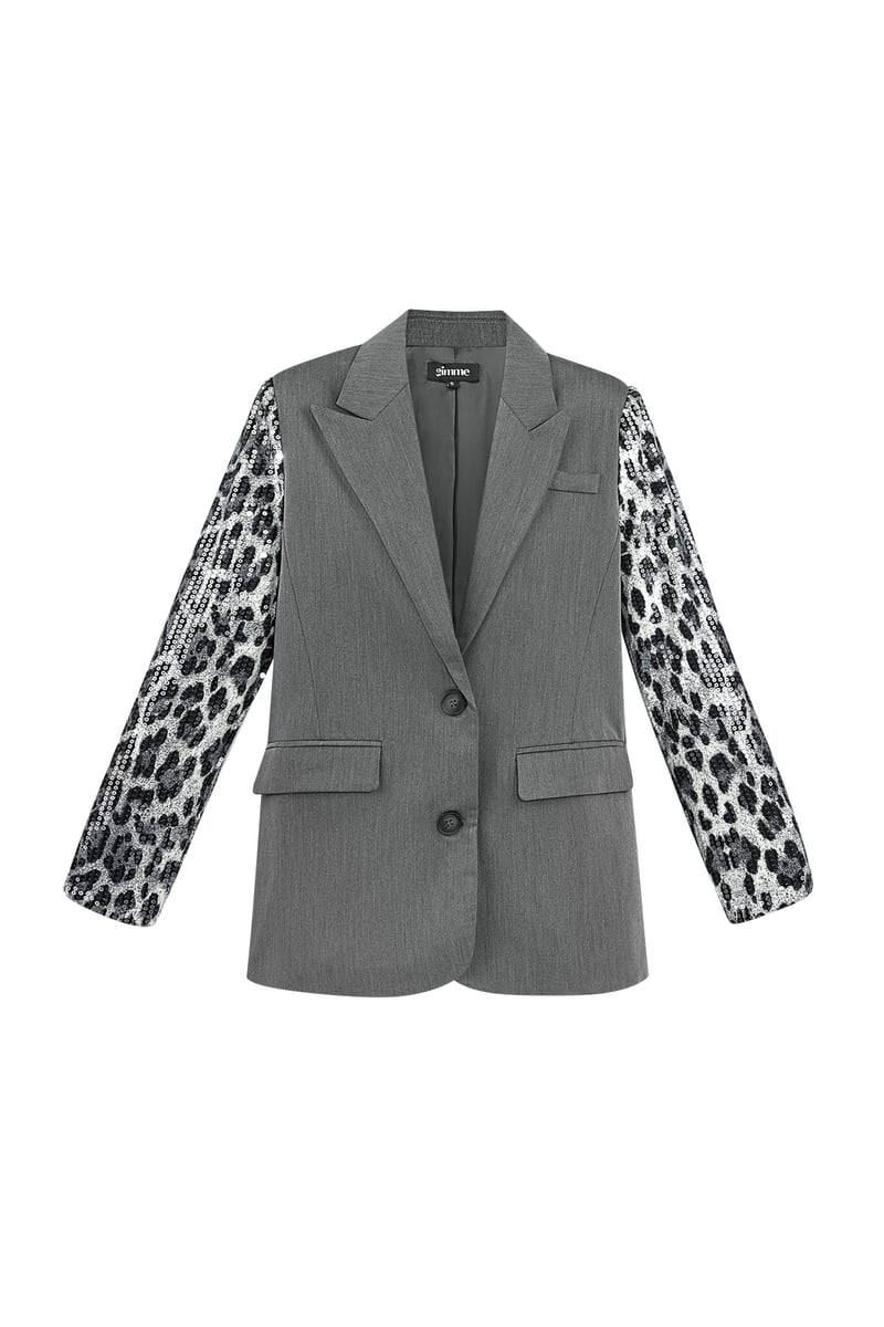 Blazer with leopard print glitter sleeve - gray